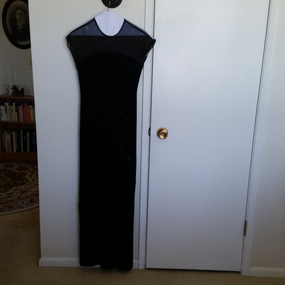 Bodycon maxi drees with sheer neck, cap sleeves
